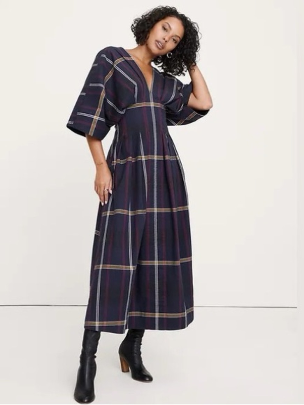 BANANA REPUBLIC PLAID PLEATED COTTON MAXI DRESS - Picture 6 of 8
